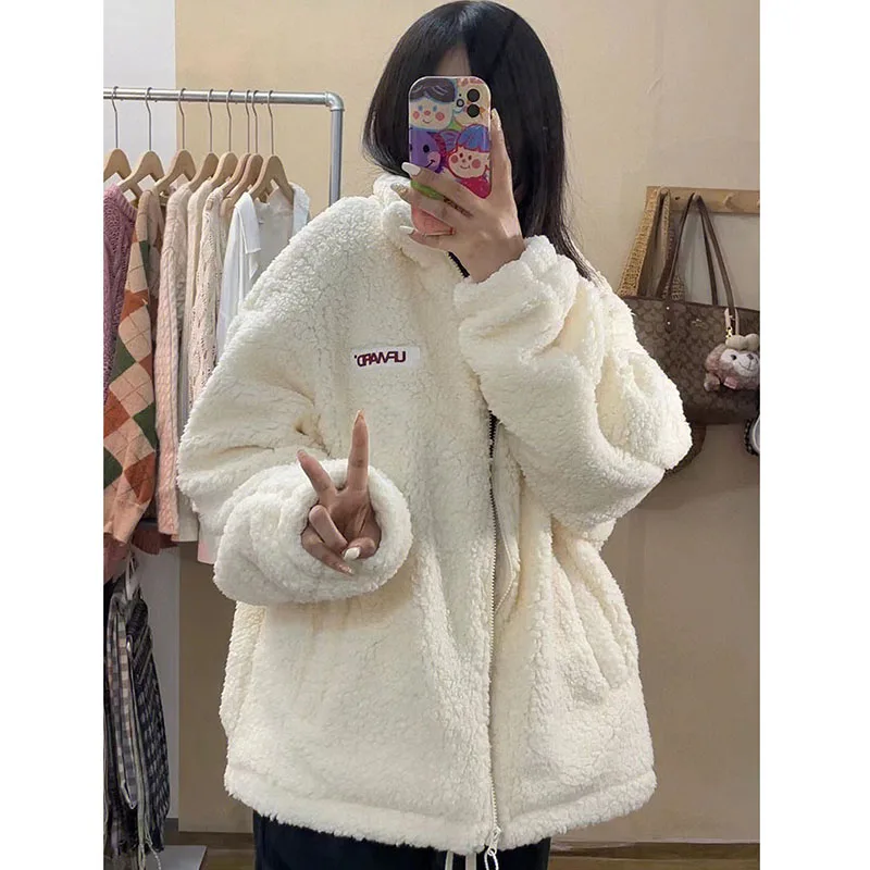 White Lamb Wool Jacket for Women Autmn Winter Loose Thicken Warm Plush Outwear Korean Zipper Stand Collar Faux Fur Coat Ladies