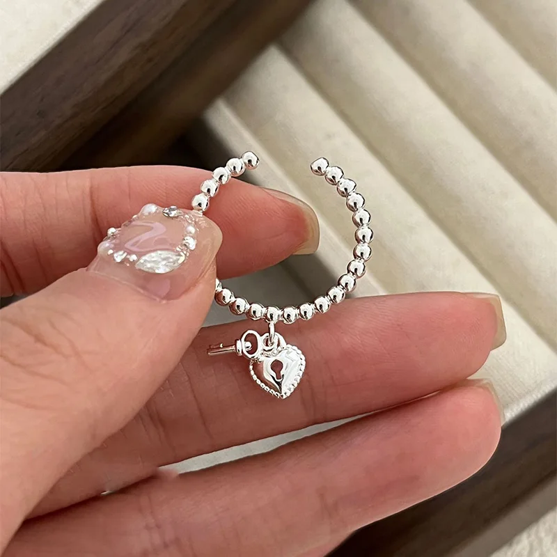 Foxanry Silver Color Love Heart Key Pendant Rings For Women Girls Creative Trendy Simple Sweet Elegant Anniversary Jewelry Gifts