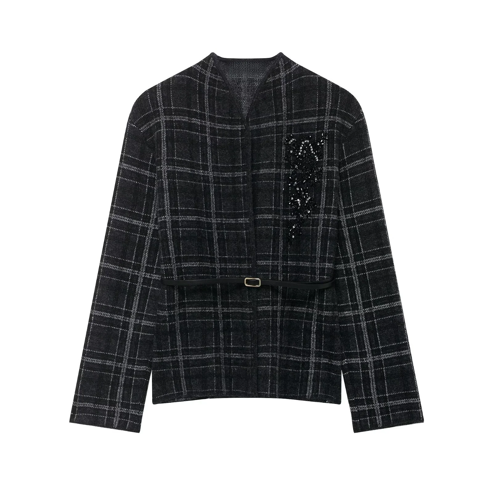 

2025 Winter New Women's Clothing Comfortable Versatile Casual Fashion V-neck Plaid Knit Blazer with Belt