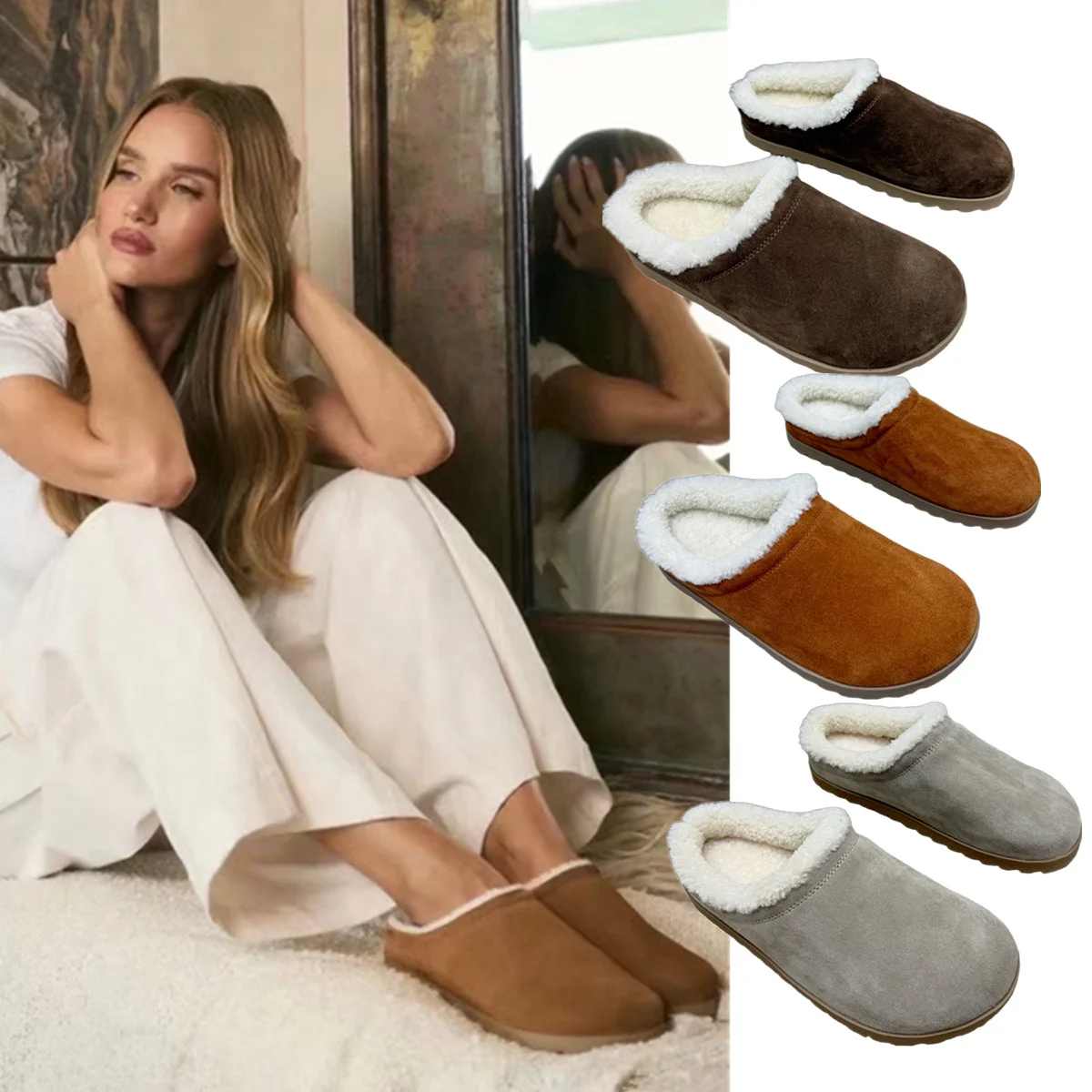 

Jenny&DaveNordic Minimalist Cow Suede Genuine Leather Wool Shoes Slippers Woman Shoes Shoes For Woman Loafers Flats For Winter