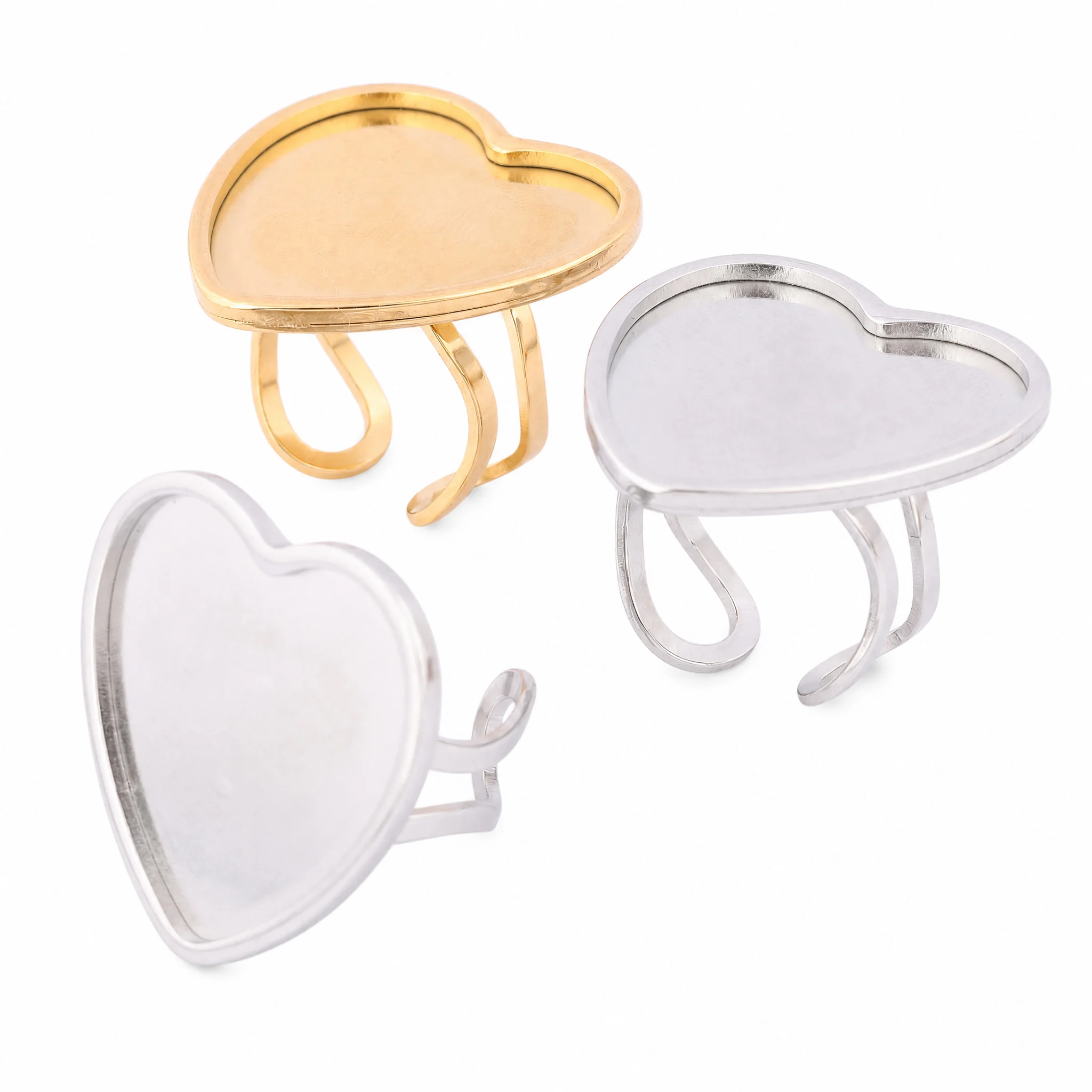4 Stück Edelstahl vergoldete 25mm Herz-Cabochon-Ringrohlinge, DIY offene Ringfassungen für die Schmuckherstellung
