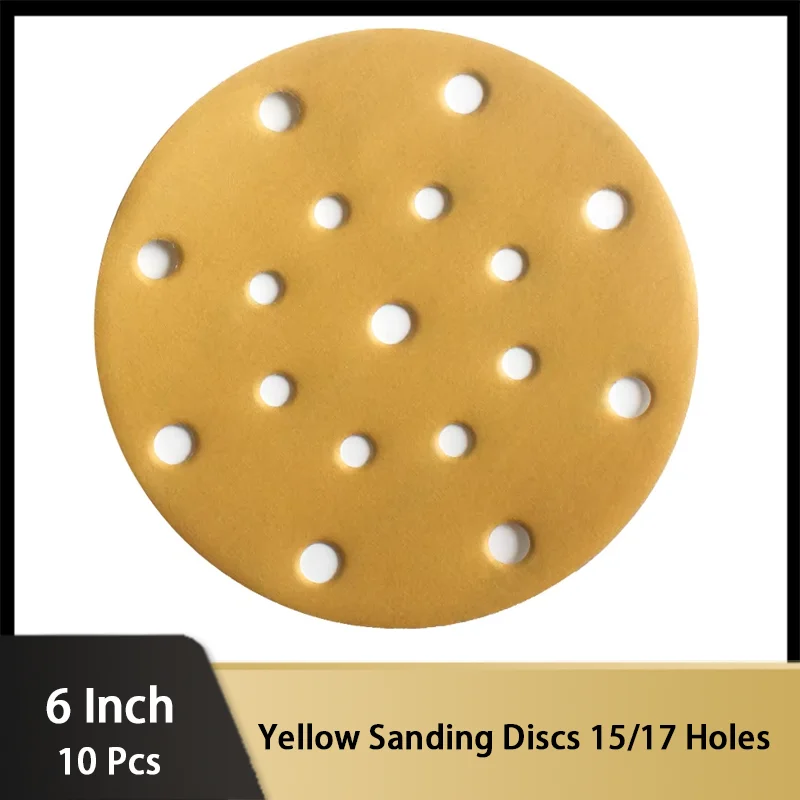 6 Inch 10pcs Gold Sandpaper Sanding Discs 15/17 Holes Aluminium Oxide 80-400 Grits Hook and Loop for Polishing & Grinding