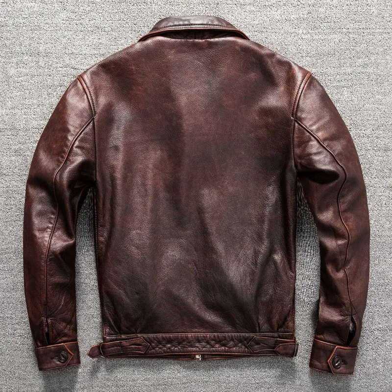 Water-washed hair layer cowhide leather for men short and fitted coat style