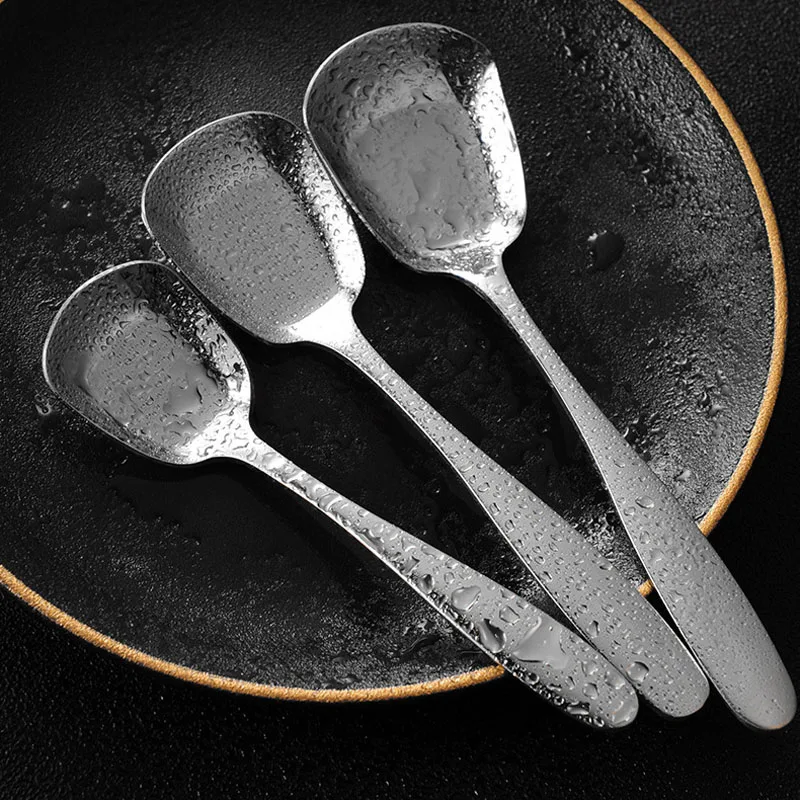 Creative 304 Stainless Steel Spoon Square Head Flat Bottom Stainless Steel Tableware Ice Cream Spoon Student Meal Spoon