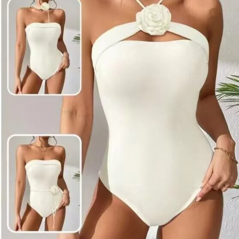 Fashion Foreign Trade New Solid Color Sexy Tight Halter One-Piece Bikini in Stock Cross-Border European and American Swimwear