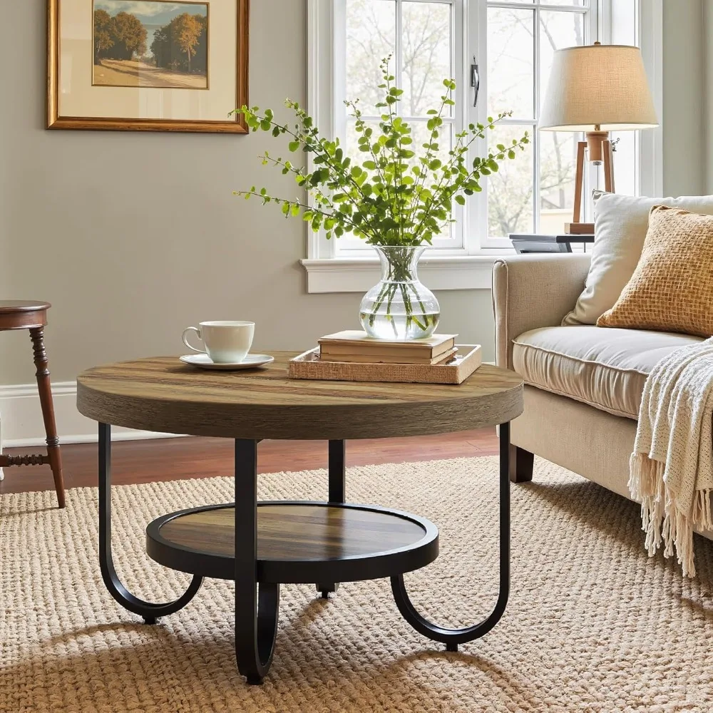 Современный двухуровневый круглый деревянный журнальный столик с полкой для хранения и металлическим каркасом, акцентный столик в стиле фермерского дома 31,5