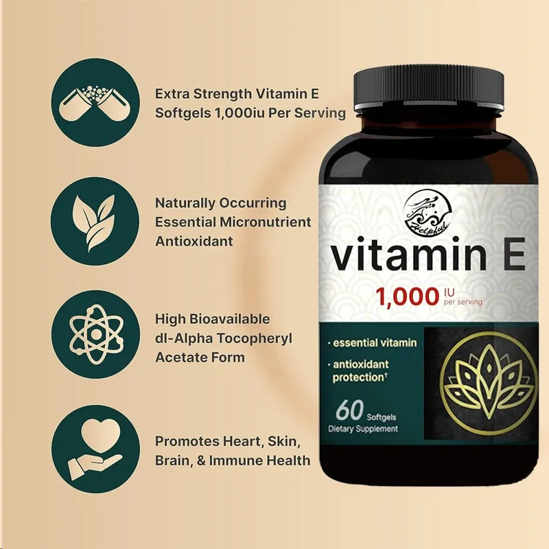 Vitamin E oil 60 capsules, essential antioxidant, 1000 IU per serving to support skin, heart, and immune health