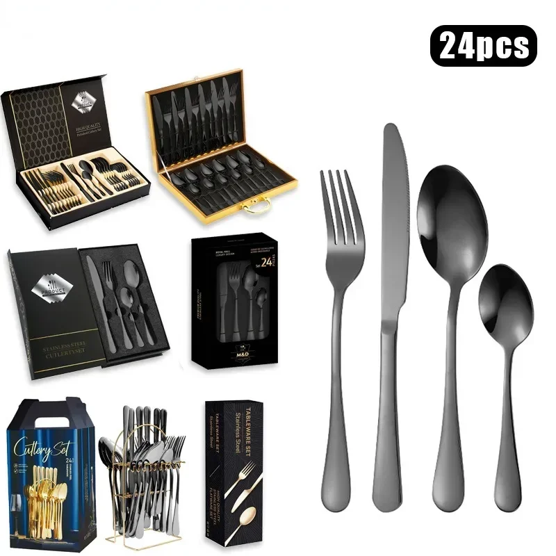 

Stainless steel tableware set 24-piece gift box western tableware gold spoon knife fork spoon set