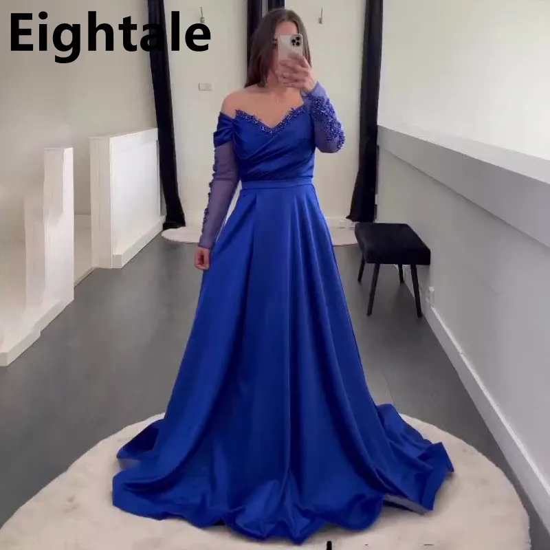 

Eightale Royal Blue Long Sleeve Evening Dress Off Shoulder Satin Dress Appliques Arabic Formal Prom Party Gown Celebrity Dress