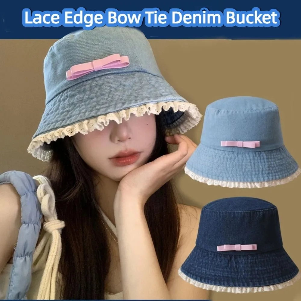 

Casual Big Brimmed Denim Bucket Hat Bow Tie Sunscreen Lace Fisherman Hat Y2K Visor Bow Sunscreen Hat Outdoor
