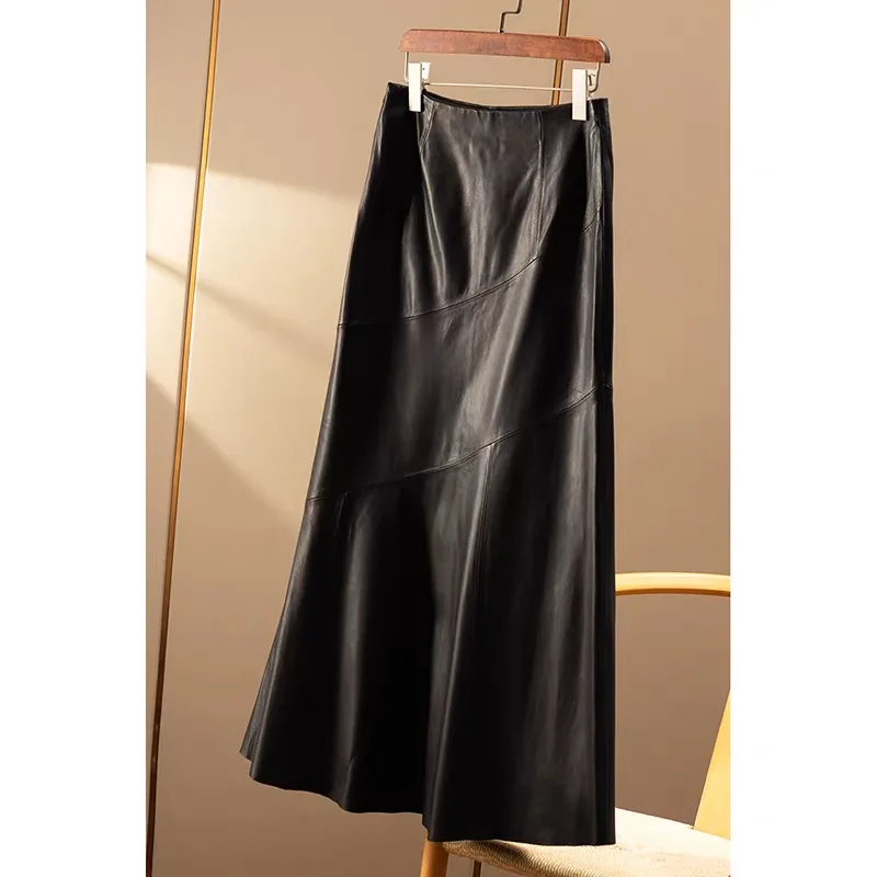 

Leather Long 90cm Skirt Women New Fashion Attractive Seam Design Maxi Skirt Ladies Faldas Largas Streetwear Mermaid Skirt