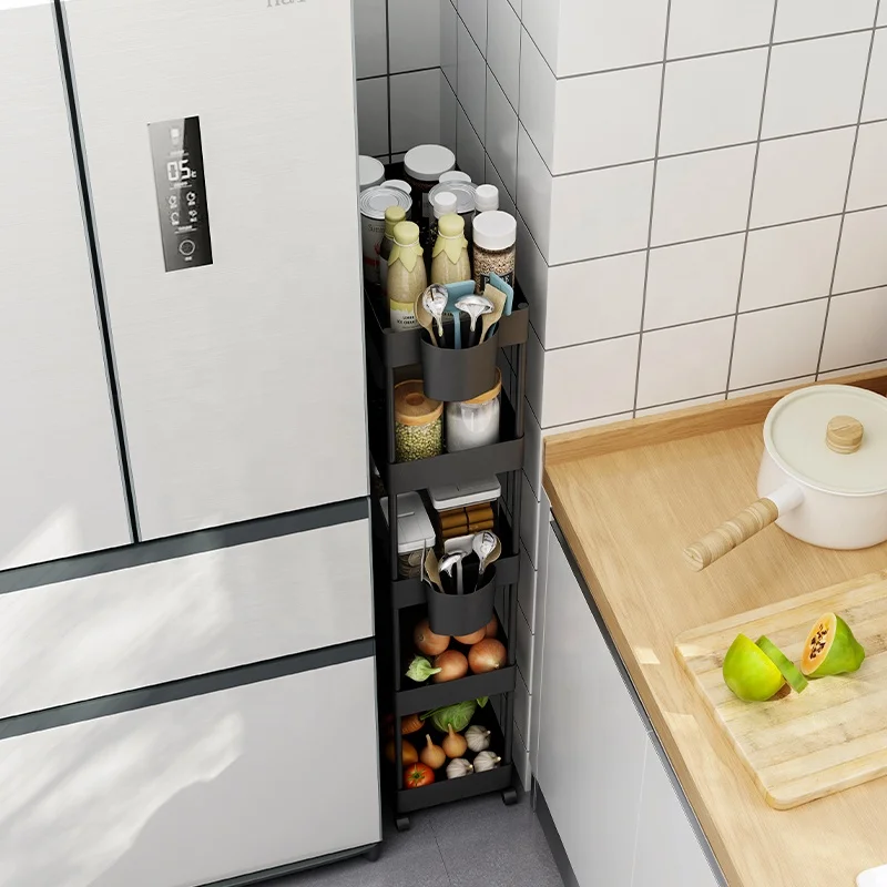 Narrow 4 Tier Flooring Standing Holders Mobile Island Storage Cart Kitchen Trolley with Wheel