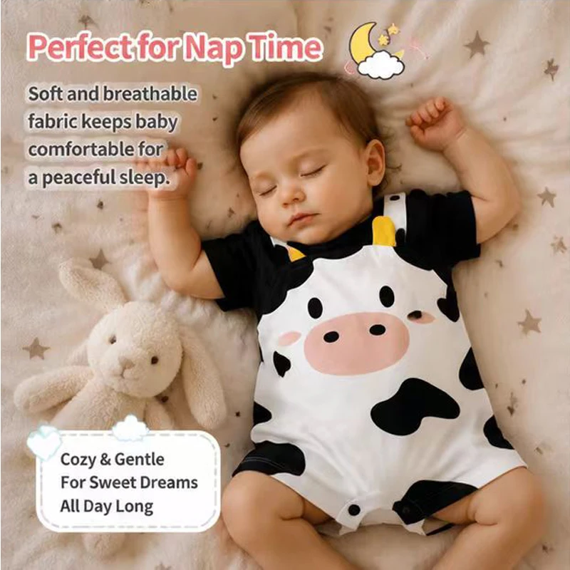 Newborn Baby Unisex Summer Cow Horn Fake Suspender Short Sleeve Spandex Stretch Wrinkle‑Resistant Daily Photo Jumpsuit 0‑18M - view 4