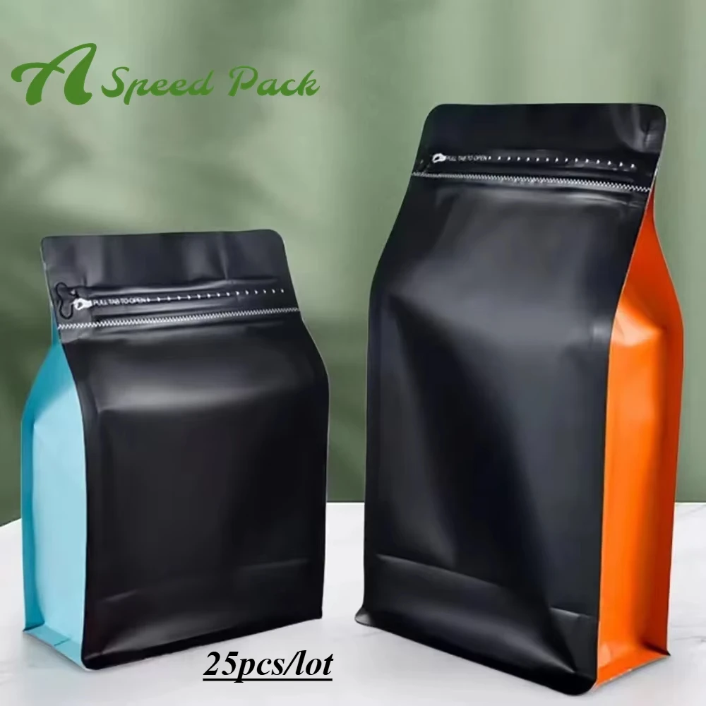 25pcs 100g 150g 250g 500g 1kg Recyclable Side Gusset Flat Bottom Coffee Bean Plastic Bag with Valve and Zipper Wholesale