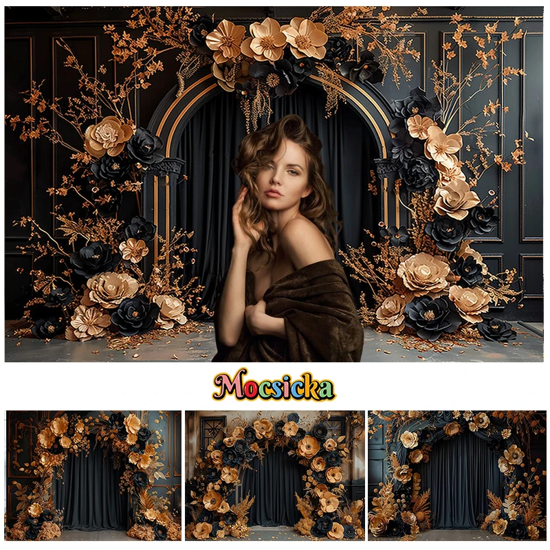 Mocsicka Photography Background Black Arch Curtains Gold Floral Wedding Party Adult Art Portrait Decor Backdrop Photo Studio