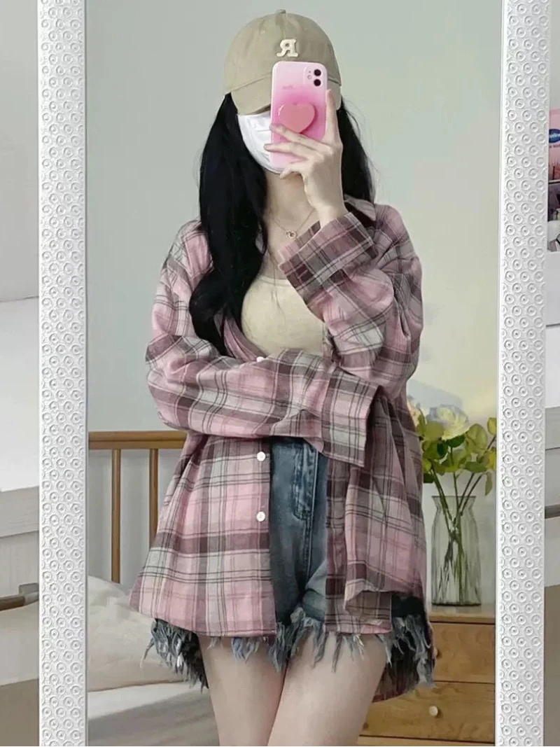 Women's Plaid Blouse Long Sleeve Check Shirt Green Pink Tops Female Basic Cheap Women's Korean Fashion Reviews Many Clothes