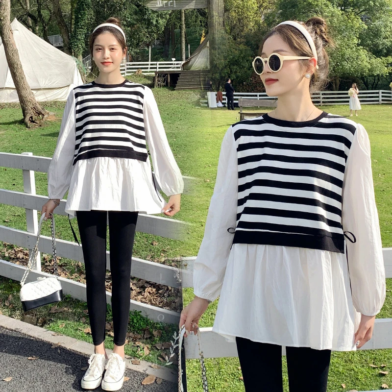 

Fashion Maternity Striped Shirts Autumn Long Sleeve Black White Striped Patchwork Pregnant Woman Blouses Loose Pregnancy Clothes