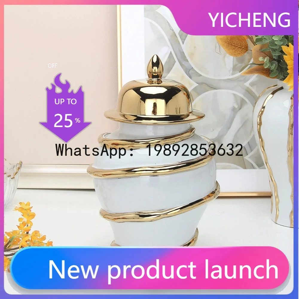 Ceramic Golden General's Jar Stripes Wrap Around The Ginger Jar Flower Vase Sealed Storage Tank Porcelain Vase Home Decoration