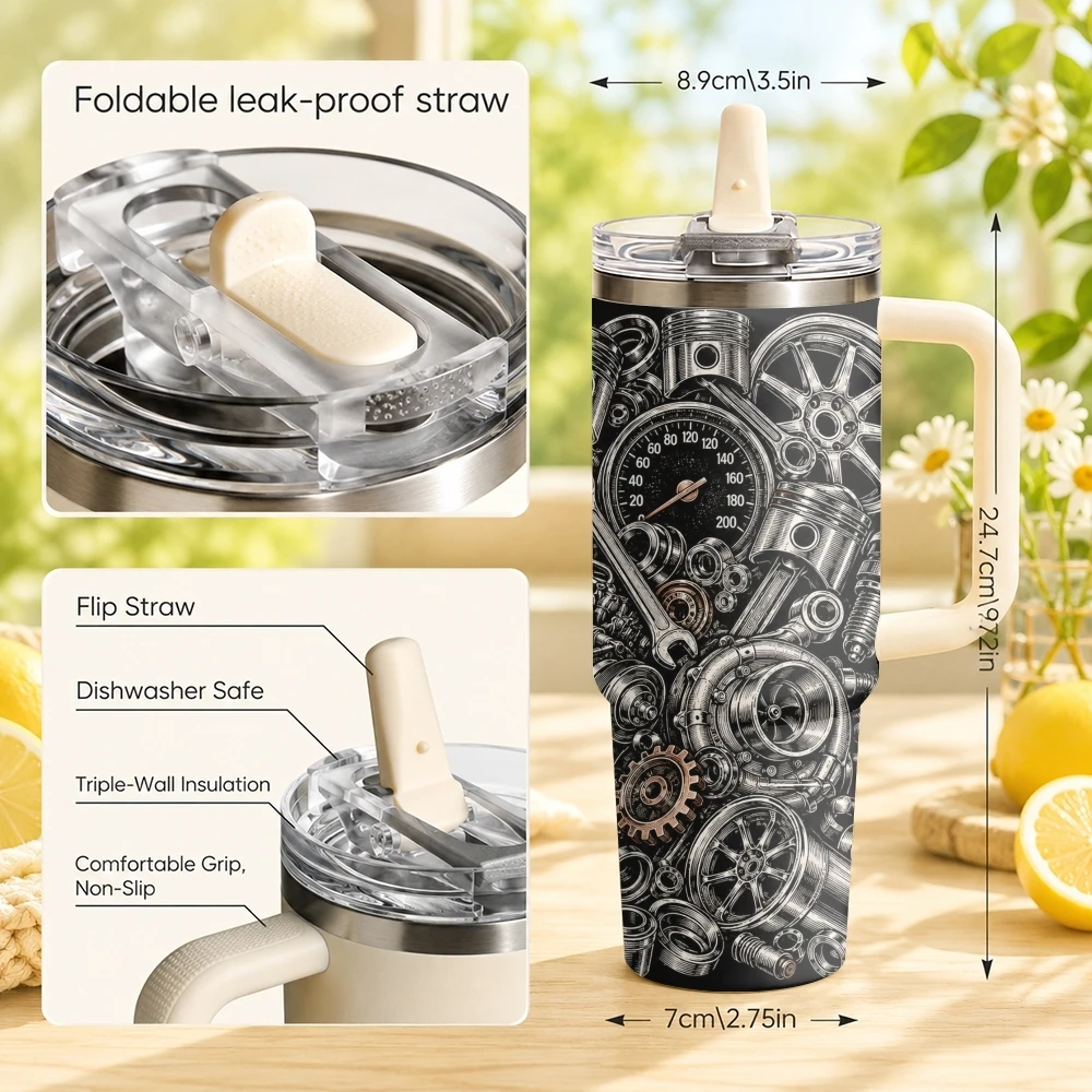 Mechanical Engine Vacuum Flasks 40oz Stainless Steel Tumbler with Handle Straw Lid Vacuum Insulated Double Wall Leak Proof