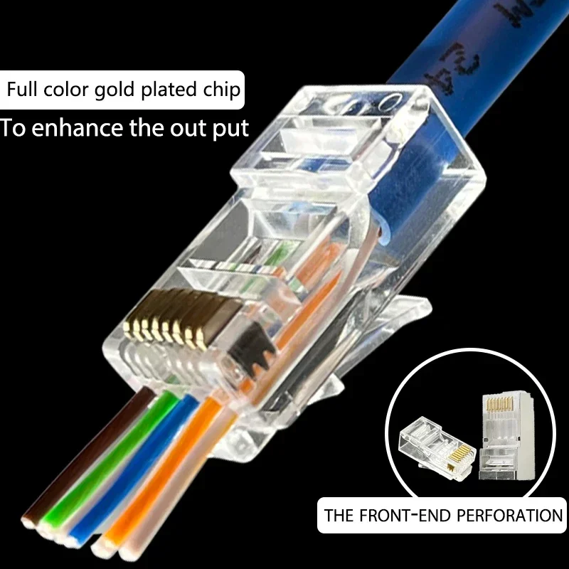 Cat6/6A Rj45 Connector Passthrough Modular Plug Computer Network UTP/FTP Gold-Plated 1.2/1.1mm Hole End Ethernet Cable