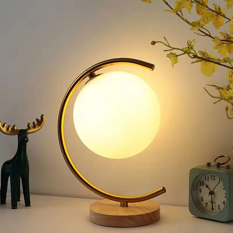 

LED Semicircle Table Lamp Modern Golden Wooden Glass Desk Light for Living Room Bedroom Bedside Office Study Reading Indoor