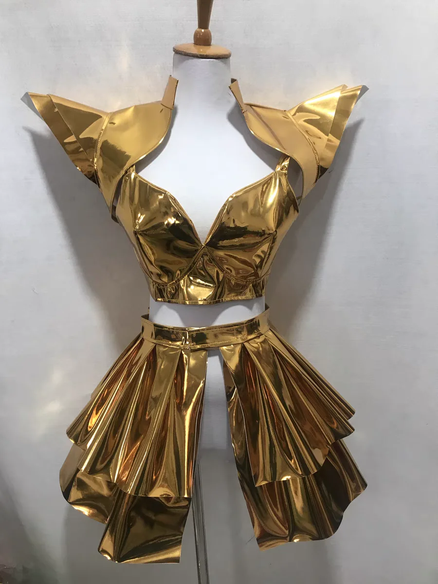 

Nightclub Female Singer Gold Laser Leather Skirt Party Stage Show Gogo Costumes Hiphop Jazz Dance Wear