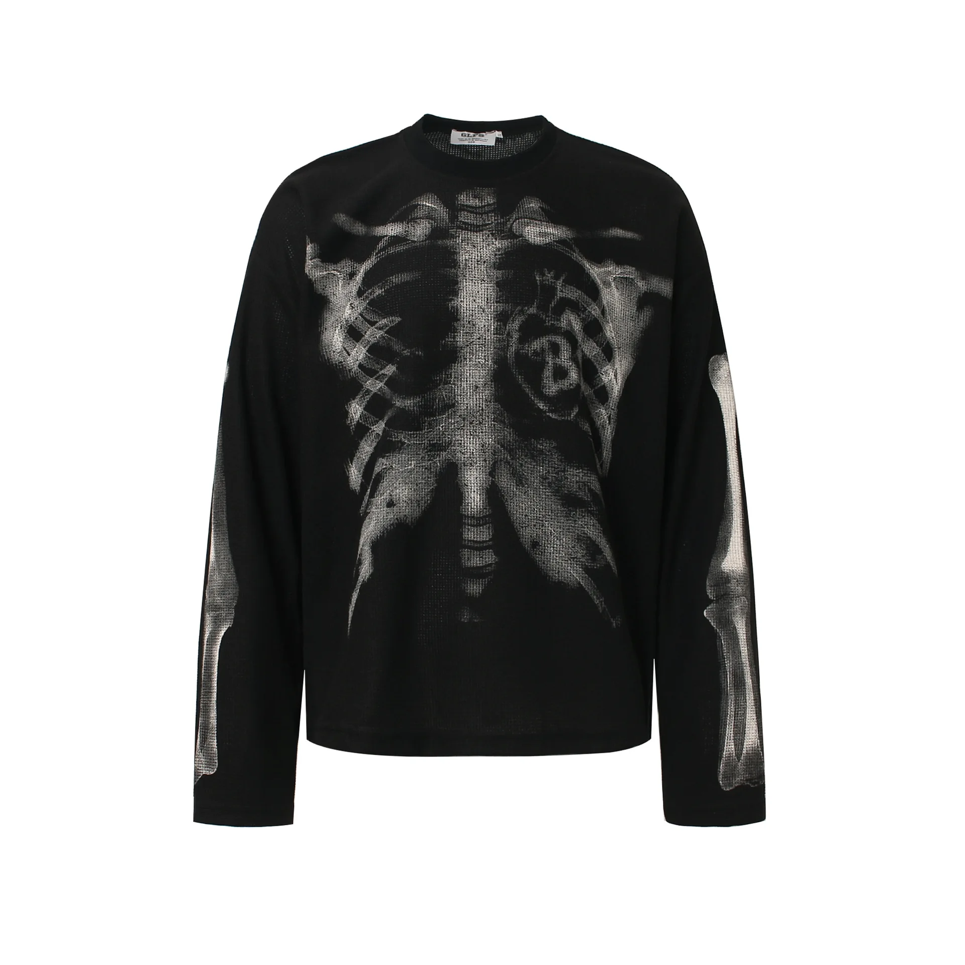 Men's Fashion High Street Skeleton T Shirt Loose Fit Y2K Long Sleeve Tees Skull Printed Oversized Hip Hop Tops