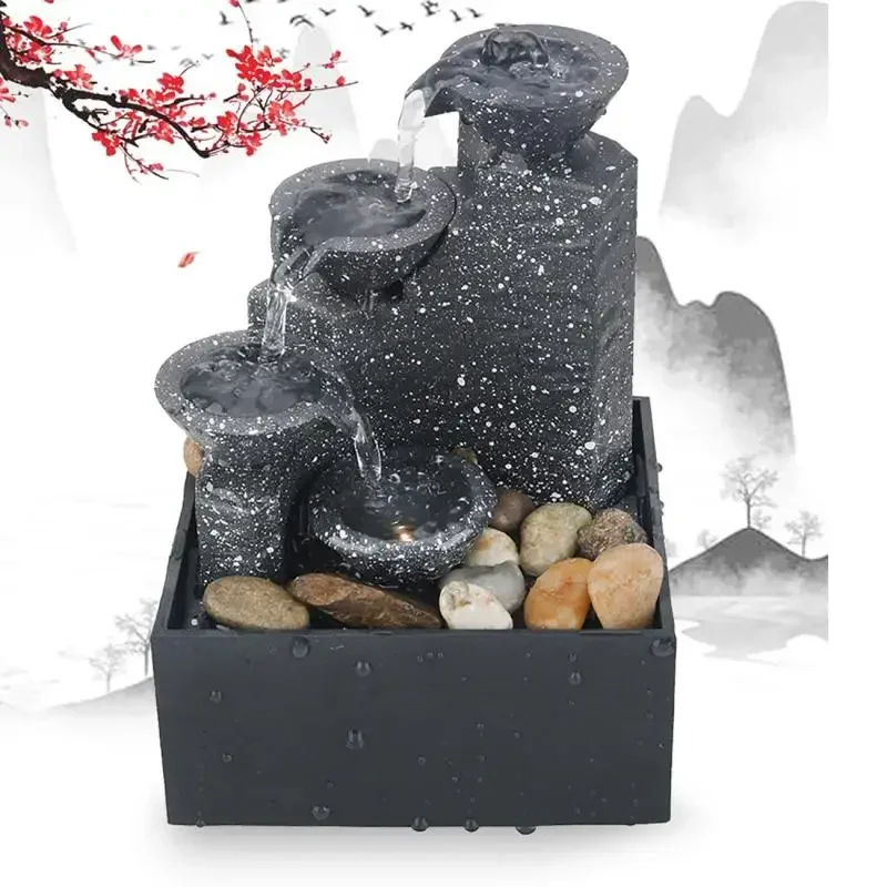 USB Water Fountain Ornaments Crafts Chinese Fengshui Waterfalls For Home Office Indoor Table Decoration Landscape Decor