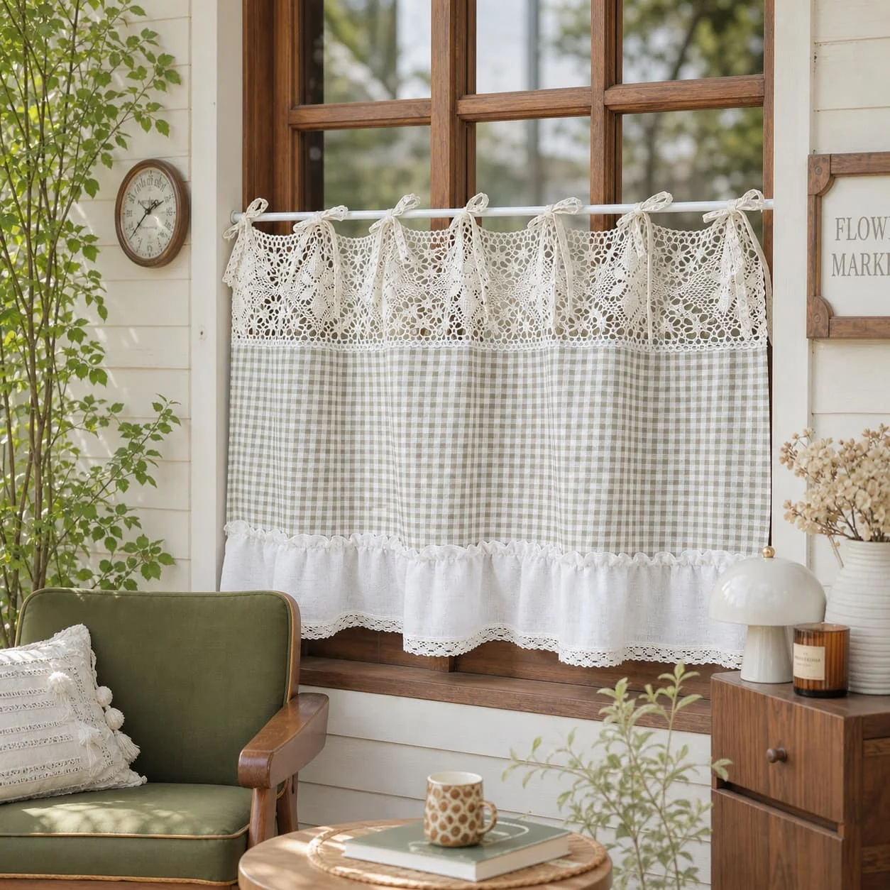 Tie Top Crochet Lace Sheer Gingham Oven Door Cover Curtain, Farmhouse Short Curtain for Kitchen Bedroom Window Valance Decoratio