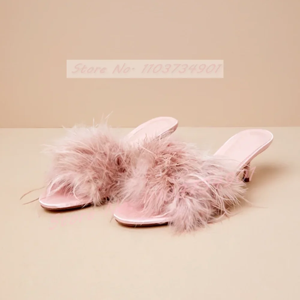 Pink Feather High Heels Slippers Female Sweet Casual Open Toe Patent Leather Shoes Women Elegant Luxury Party Outdoor Slippers - view 2