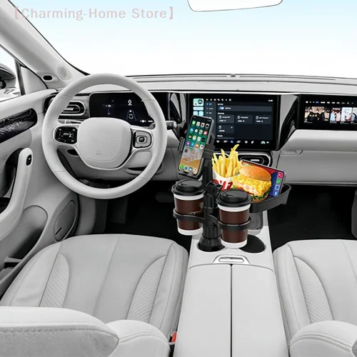 Imagen 2 del producto Bandeja portatavasos desmontable 3 en 1 para coche, mesa de comida expandible con 360 °   Diseño giratorio, base resistente para viajes por carreteras largas, bandeja de mesa