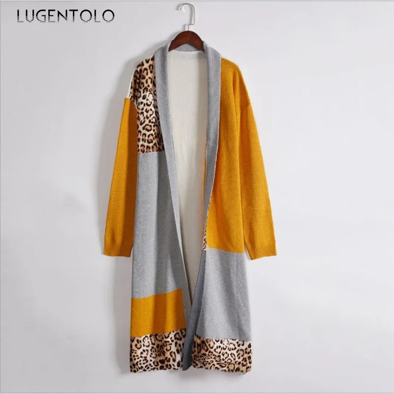 Sweter kardigan kobiety łączenie Leopard Atuumn zima z długim rękawem duże rozmiary kobiece moda codzienna dzianinowe swetry Lugentolo