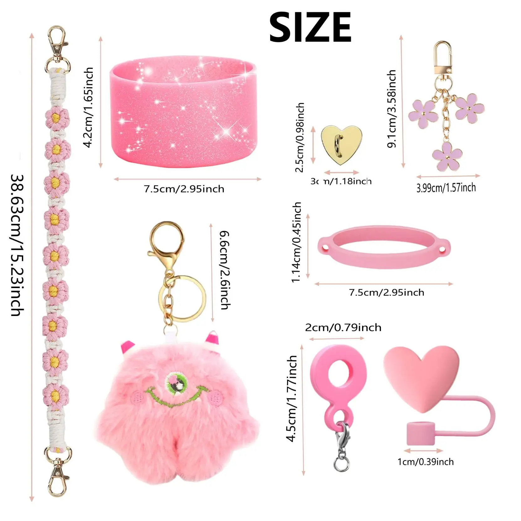 10-Piece Water Cup Accessory Set with Hand-Held Rope Silicone Heart Straw Cap Brush Plush Coal Ball And Stylish Hang
