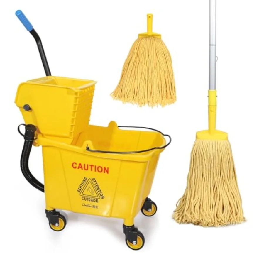 

35-Qt Side Press Wringer Combo Commercial Floor Cleaning Rectangular Mop Bucket on Wheels Yellow Add One Commercial Mop and One