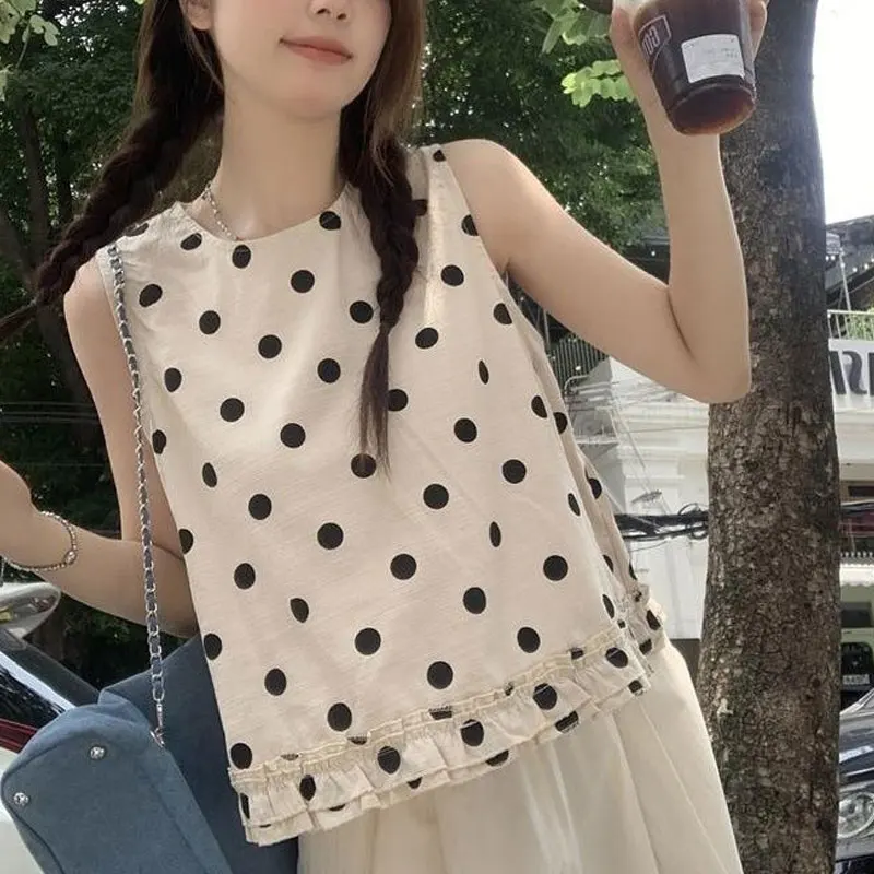 

Korean Polka Dot Printed Shirt Female Clothing Sleeveless Fashion Ruffles Folds Spliced Summer Casual O-Neck Straight Blouse New