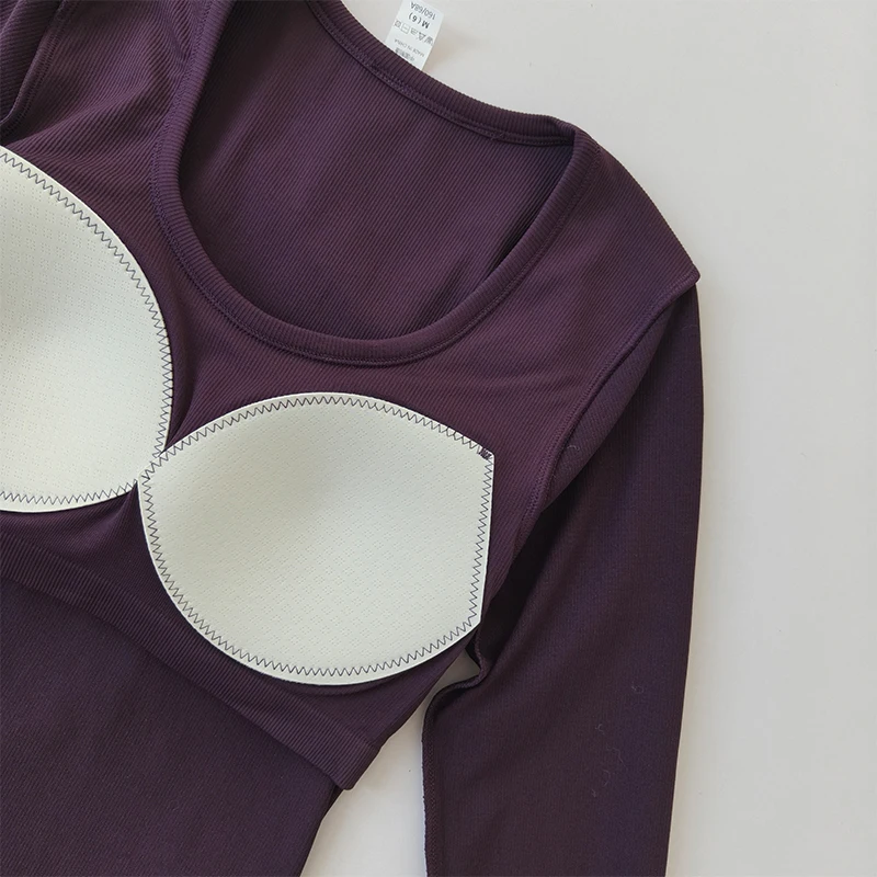 Yoga-Bekleidung T-Shirt Damen U-Ausschnitt Brustpolster Schlankmachendes Sport-Top Langärmeliges Stretch-Oberteil Pilates Fitness-Bekleidung – Detail 10