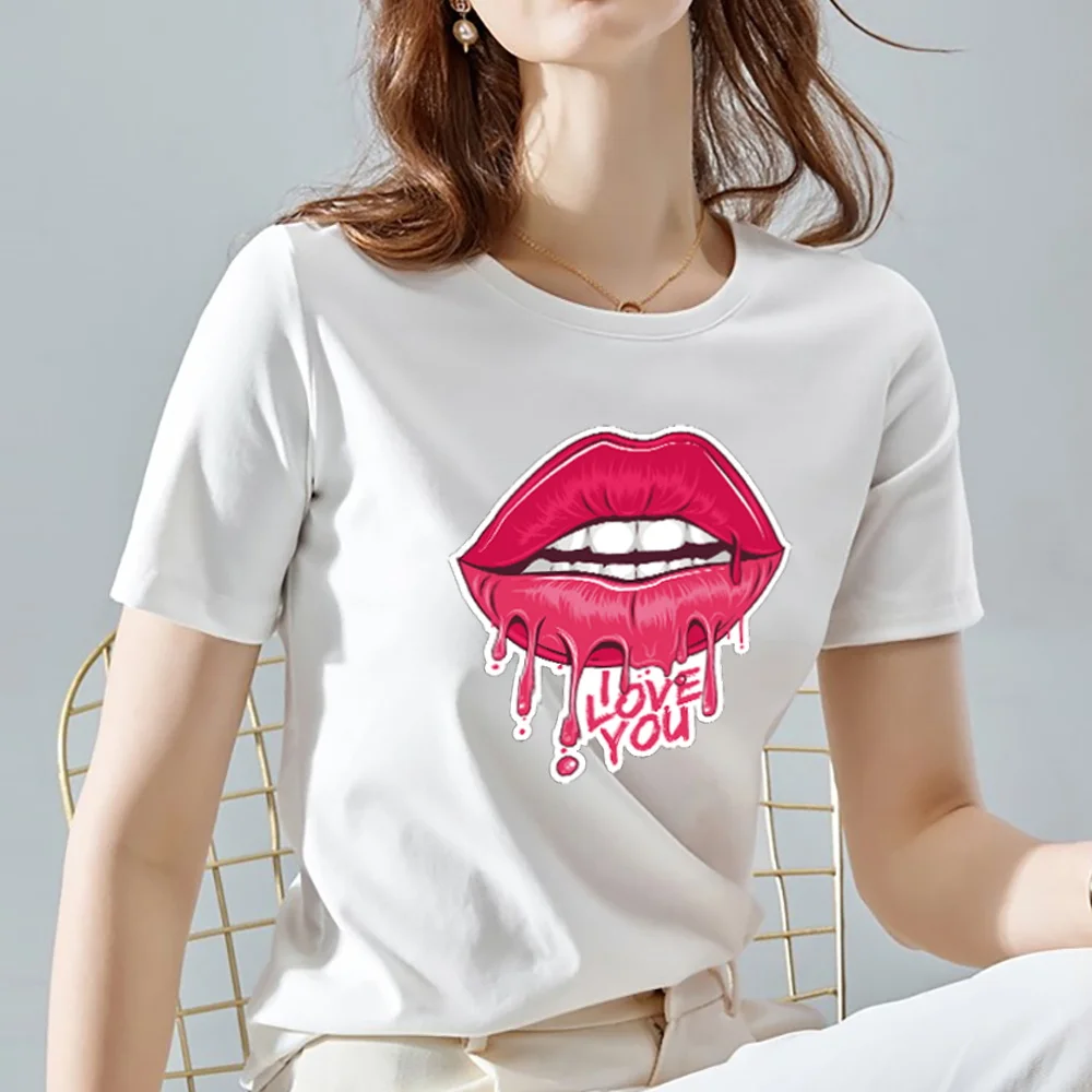 

Summer Women's T-shirt White Printed Lip Print Women's T-shirt Street Korean Fashion Fun Top Youth All-match Short Sleeve