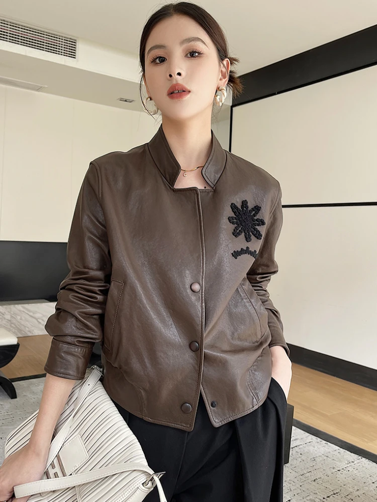 

Stand Collar Motorcycle Genuine Leather Jacket for Women Autumn 2024 New Fashion Cropped Embroidery Real Sheepskin Coat