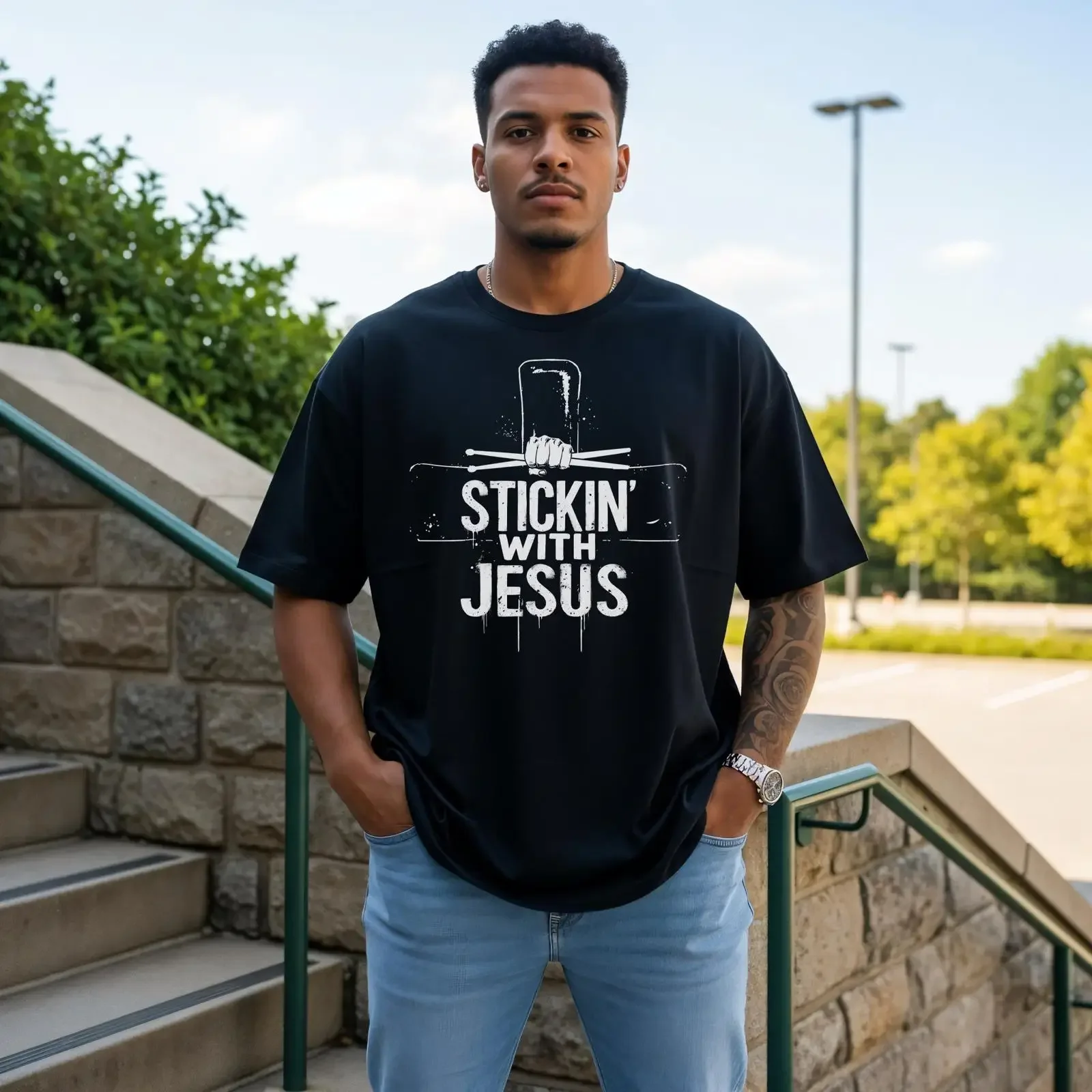 Stickin' With Jesus Drummer Christian T Shirt Religious Musician for Dad Faith Band Casual vintage Washed Top For Everyday Wear
