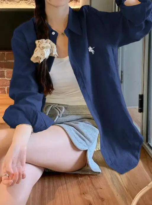 

Women's Korean Solid Color Lapel Long Sleeve Shirt Casual Simple Embroidered Single Breasted Shirt for Business And Office