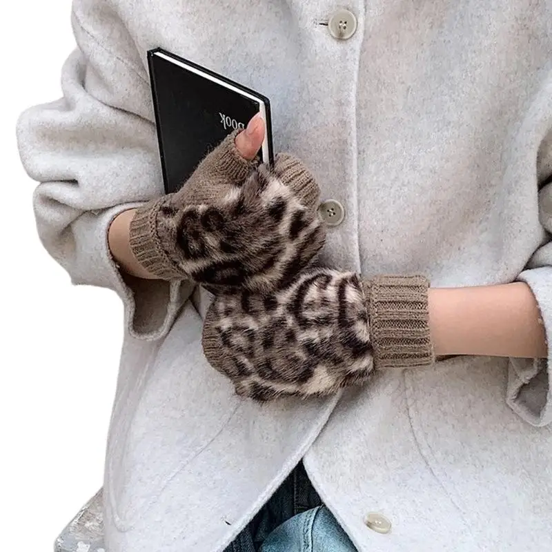R7UF Plush Animal-Print Gloves Warm Mittens with Ribbed Cuffs and Open Fingers