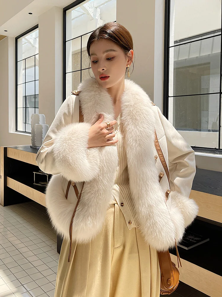 Women Real Fur New Coat Autumn Winter Retro Court Style Thicken Fox Fur Collar Suede Fur Jacket Goose Down Liner Loose Outerwear