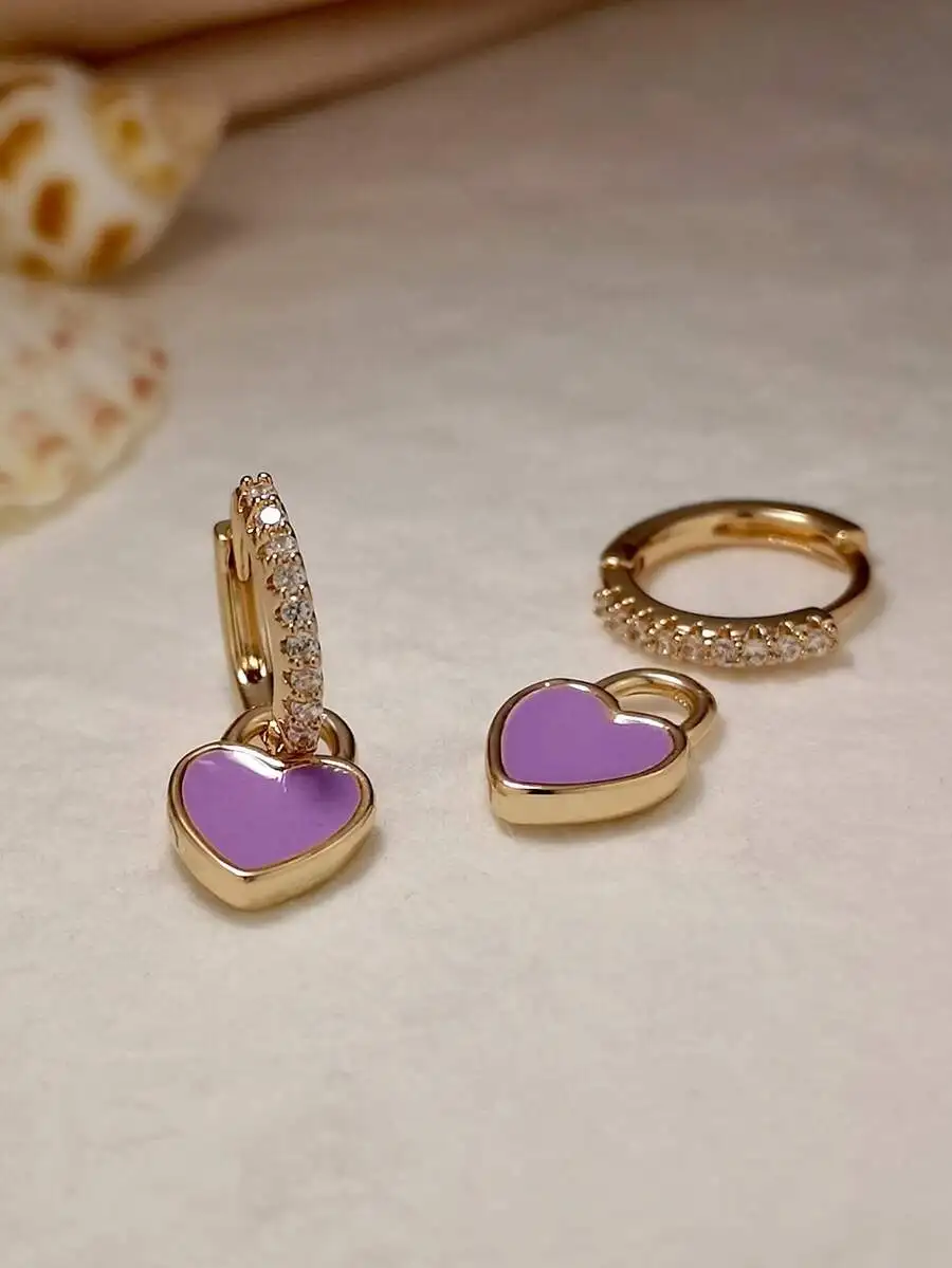 

Minimalist Heart Shape Reversible Earrings With Zirconia And Purple Enamel