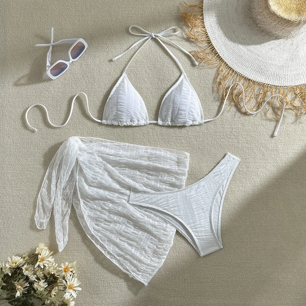 

Melphieer Girls New Solid Mesh Three-piece Sarong Skirt Bikini Set Brazilian Swimwear Pads Swimsuit Beachwear Bathing Suit Women