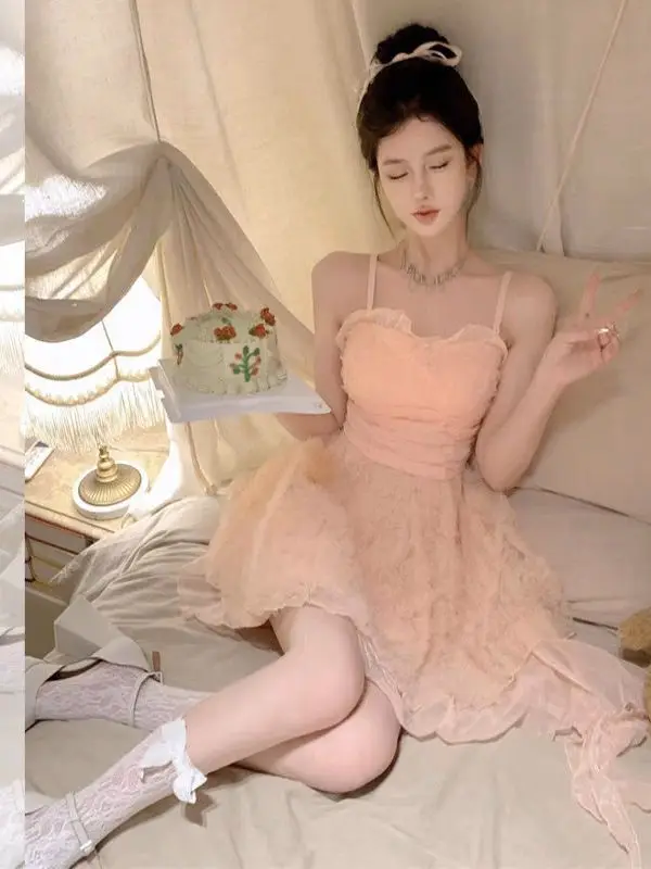 Letnia Nowa Delikatna Koronkowa Wstawka Kolorowa Blokada Ramiączka Dr Damska Spódnica w Linii A Poliester Bez Szelek Okrągły Dekolt