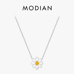 Modian Genuine 925 Sterling Silver Exqusite Cute Enamel Daisy Pendant Fashon Silver Chain Necklace for Women Fine Jewelry Gift