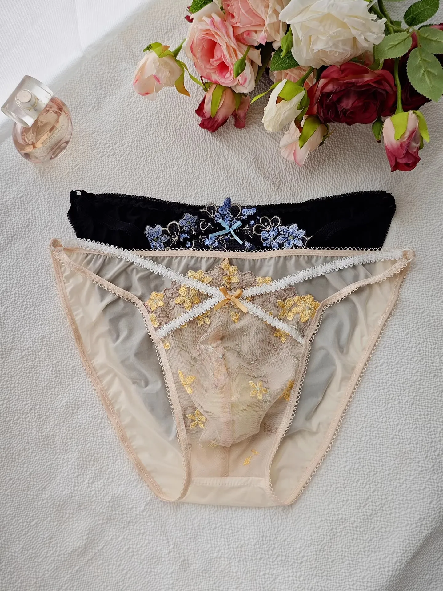 Man's Panties Low Waist Embroid Briefs Rose Pink Silky Touch Live Show Dance Private Party DJ Club Bar FKK Sheer Sexy