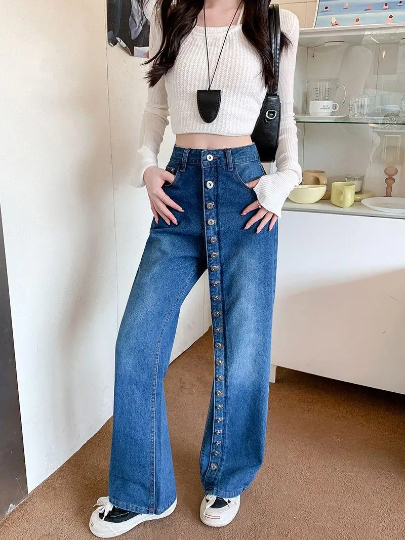 

American Retro Multi-Button Denim Jeans Women's Spring Summer New Style Slim High Waist Heavy Work Straight Leg Wide Leg Long...