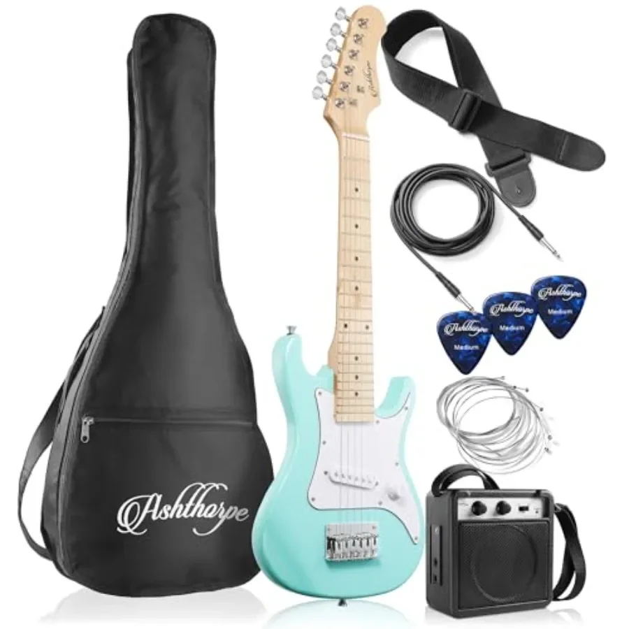 30-inch Beginner Electric Guitar Kit with Amplifier for practice and learning, teal-colored alder body, includes gig bag, strin