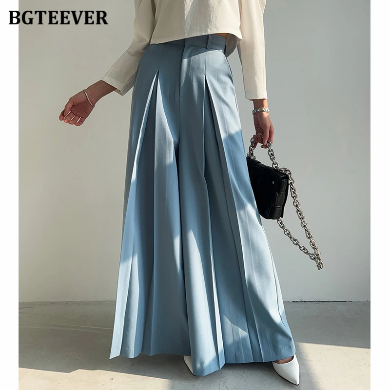 BGTEEVER Elegant High Waist Pockets Female Wide Leg Trousers Spring Summer Loose Pleated Long Pants for Women